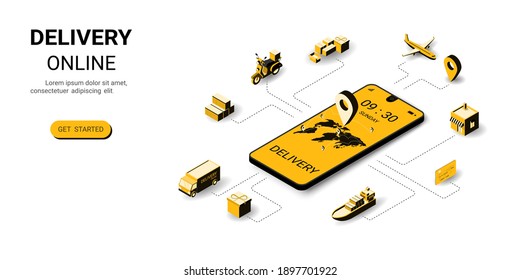 Logística isométrica y entrega online en aplicaciones móviles, pedido en línea, marketing digital. Servicios de transporte global para comprar en línea. Concepto de sitio web y banner. Ilustración del vector