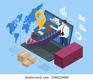 Isometric Logistics and Delivery Sea Freight. Freight Transportation, Shipping, Nautical Vessel, Container ship svg
