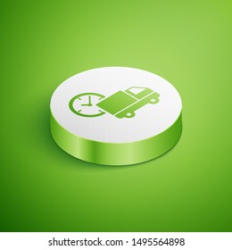 Isometric Logistics delivery truck and clock icon isolated on green background. Delivery time icon. White circle button. Vector Illustration