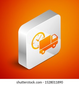 Isometric Logistics delivery truck and clock icon isolated on orange background. Delivery time icon. Silver square button. Vector Illustration