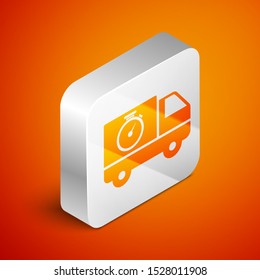 Isometric Logistics delivery truck and stopwatch icon isolated on orange background. Delivery time icon. Silver square button. Vector Illustration