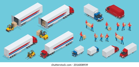 Isometric Logistics iconos conjunto de diferentes vehículos de distribución de transporte, elementos de entrega. Transporte de carga aislado en fondo blanco.