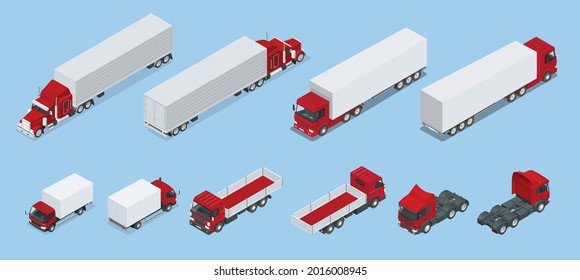 Isometric Logistics icons set of different transportation distribution vehicles, delivery elements. Cargo transport isolated on white background. Cargo Truck and Van