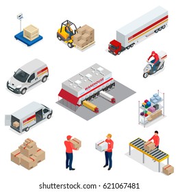 Isometric Logistics icons set of different transportation distribution vehicles, delivery elements. Vehicles designed to carry large numbers