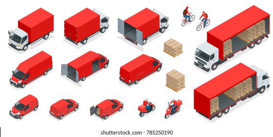 Isometric Logistics icons set of different transportation distribution vehicles, delivery elements. Cargo transport isolated on white background.