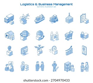 Isometrische Logistiksymbole mit Elementen für das Geschäftsmanagement und die Lieferkette - Vektorgrafik