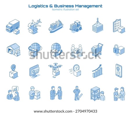 Isometric logistics icons set featuring business management and supply chain delivery elements vector