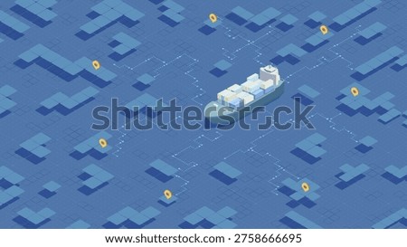 Isometric logistics map with cargo ship and route pins. Vector illustration.