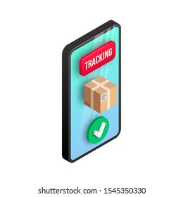 Isometric Logistics Order Tracking, Package Found Concept. 3d Parcel Box, Button, Green Yes Check Mark On Smartphone Screen. Delivery Service, Shipment Vector Illustration For Web, Mobile, Advert, App
