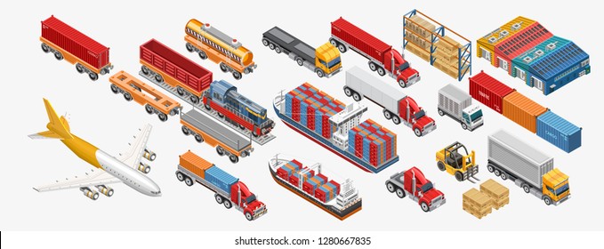 Equipo logístico isométrico de carretillas elevadoras y camiones de carga entre palets con mercancías. Transporte logístico estilo isométrico. Transporte de mercancías de almacén de tipo diferente — с portador de contenedores, camión volcado.