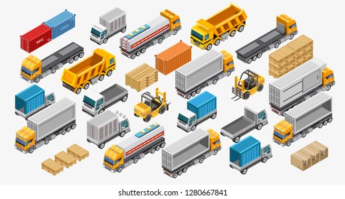 Isometric logistics set of forklifts and freight trucks amidst pallets with goods. Logistics transport isometric style. Different type freight transport —сontainer carrier, dump truck, refrigerator. 