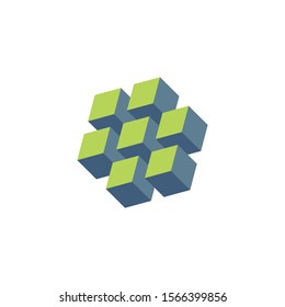 Isometric logo design cube or block set. Mathematical object with three-dimensional effect. Stock Vector illustration isolated on white background.
