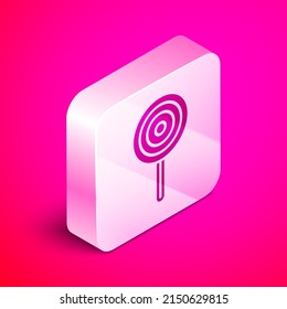 Isometric Lollipop icon isolated on pink background. Candy sign. Food, delicious symbol. Silver square button. Vector