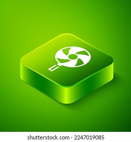 Isometric Lollipop icon isolated on green background. Candy sign. Food, delicious symbol. Green square button. Vector