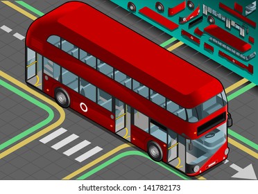 Isometric London Double Decker Bus Infographic 3D Vector Illustration. Isometric Vehicle England Double Deck British Public Commuter Passenger Bus Uk Route Master Vector 3D Illustration