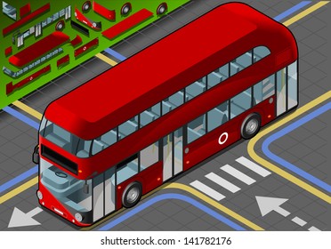 Isometric London Double Decker Bus Infographic 3D Vector Illustration. Isometric Vehicle England Double Deck British Public Commuter Passenger Bus Uk Route Master Vector 3D Illustration