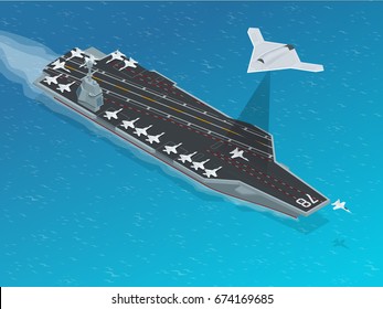 Isometric Long Range Strike-Bomber. Aircraft military mission isolated on background.  Aircraft assigned to the nuclear-powered aircraft carrier (CVN). Military sea transport. 