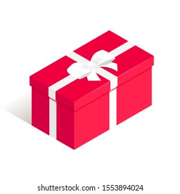 Isometric long square gift box. Surprise red present box with white ribbon bow isolated on white background. New year, anniwersary, birthday delight 3d symbol. Vector illustration