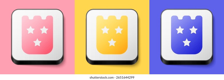 Ícone da loteria isométrica isolado no fundo rosa, amarelo e azul. Bingo, loteria, prêmios em dinheiro. Sucesso financeiro, prosperidade, vitória, ganhos e sorte. Botão quadrado. Vetor