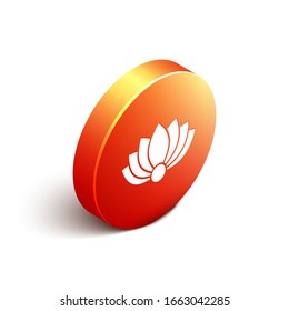 Isometric Lotus flower icon isolated on white background. Orange circle button. Vector Illustration