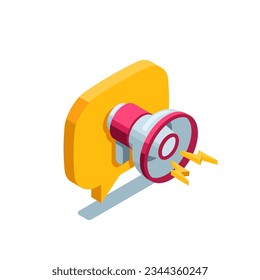 isometric loudspeaker icon and text bubble in color on white background, alert or advertisement message