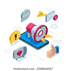 isometric loudspeaker and smartphone in color on white background, social media activity icons or social marketing