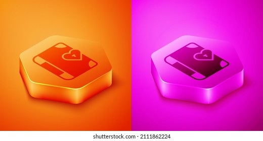 Isometric Love diary notebook album icon isolated on orange and pink background. Happy Valentines day. Hexagon button. Vector