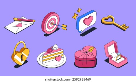 Isometric love elements set. Pink box with golden ring with diamond. Cake, envelope with heart and sweets. Wedding and marriage ceremony. Linear vector collection isolated on violet background