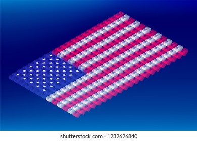Isometric love heart box transparency, United States national flag shape, Blockchain cryptocurrency concept design illustration isolated on blue gradients background, Editable stroke