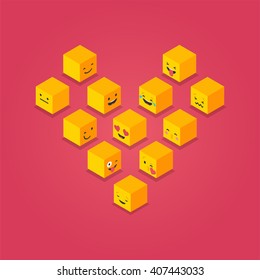 Isometric love, heart symbol emoticons cubes, square colorful icons
