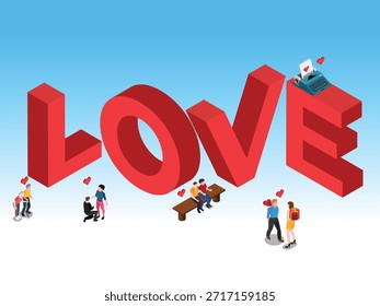 Concepto de tipografía de amor isométrico con parejas y etapas de vida románticas Ilustración vectorial 3d