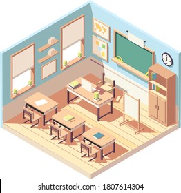 Isometric Lovely Empty Classroom Interior, School Or College Class