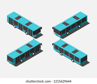 Isometric low floor city buses in four different positions vector illustration.