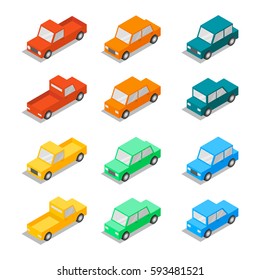 Isometric low poly 3d vector set of colorful cars. Icon for web. Isolated on white background. 