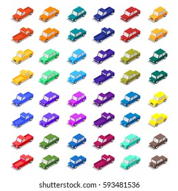 Isometric low poly 3d vector big set of colorful cars. Icon for web. Isolated on white background. 