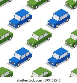 Isometric low poly 3d vector seamless pattern with green and blue cars. Icon for web. Isolated on white background. Children's wallpaper.