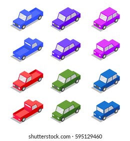 Isometric low poly 3d vector set of colorful cars. Icon for web. Isolated on white background. 