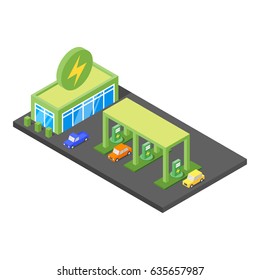 Isometric low poly 3d vector illustration of green eco refueling and colorful cars. Icon for web. Isolated on white background. 