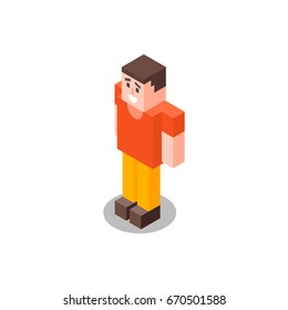 Isometric low poly 3d vector illustration of man in orange t-shirt. Icon for web. Isolated on white background.