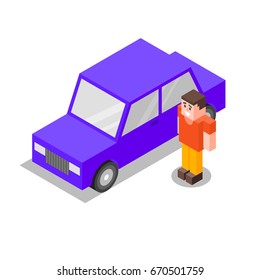Isometric low poly 3d vector illustration of blue car and man. Icon for web. Isolated on white background.
