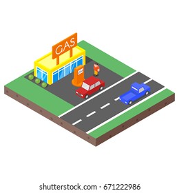 Isometric low poly 3d vector illustration of gas station with people and cars. Icon for web. Isolated on white background.