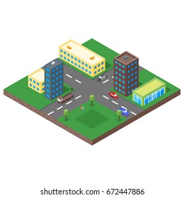 
Isometric Low Poly 3d Vector Illustration Of Summer Town Quarter With People And Cars. Icon For Web. Isolated On White Background.
