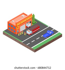 Isometric low poly 3d vector illustration of fire department and firefighters with car. Icon for web. Isolated on white background. 

