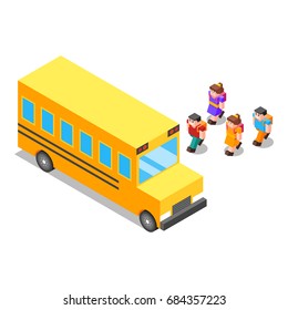 Isometric low poly 3d vector illustration of yellow school bus and children. Icon for web. Isolated on white background.
