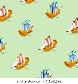 Isometric low poly 3d vector pattern with old ships navy battle. Vector illustration.