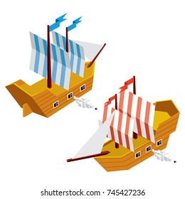 Isometric low poly 3d vector old ships. Vector illustration.