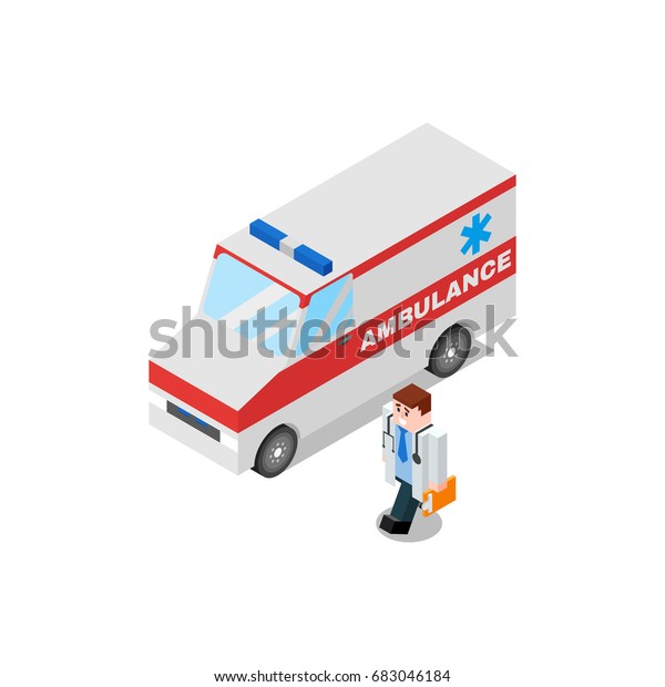 Isometric low poly 3d\
vector illustration of ambulance and doctor. Icon for web. Isolated\
on white background.