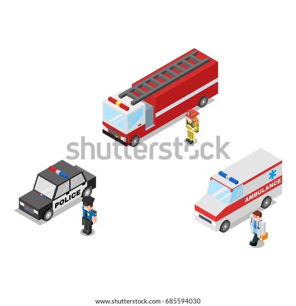 Isometric low poly 3d vector illustration of emergency\
cars with policeman, doctor and firefighter. Icon for web. Isolated\
on white background.\

