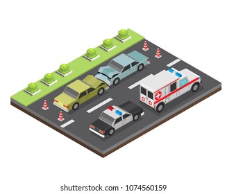 Isometric low poly accident crosswalk with bump car vector illustration