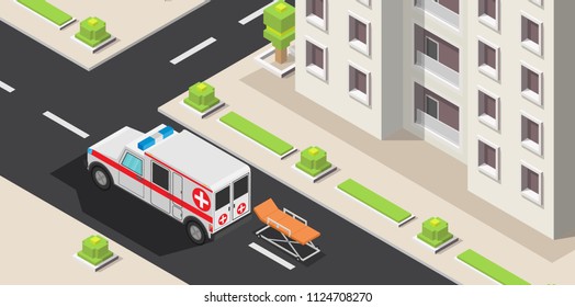 Isometric low poly accident crosswalk with city er vector illustration background